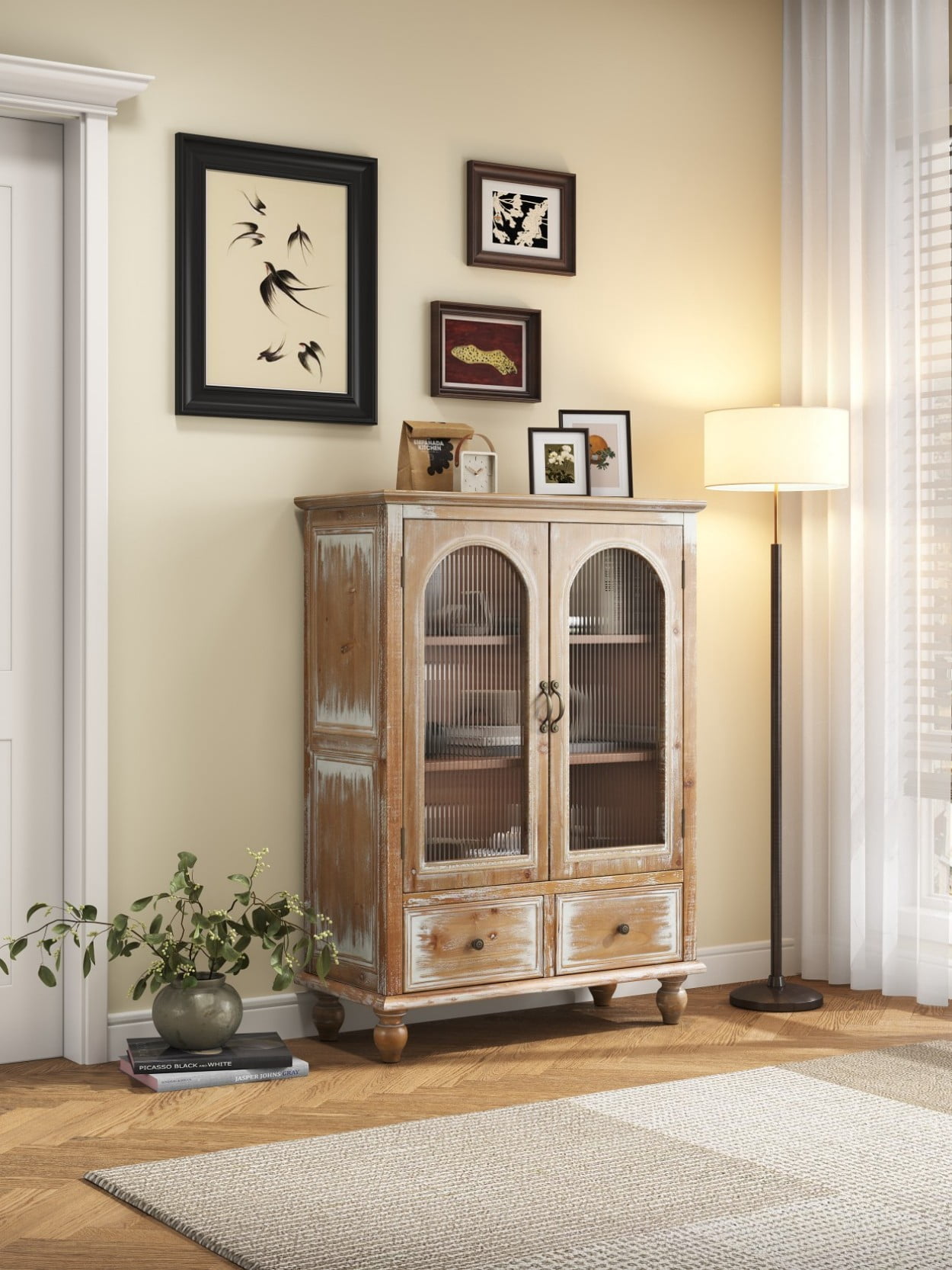 Farmhouse Storage Cabinet, Rustic Kitchen Pantry Cabinet with 2 Glass Doors, 2 Drawers, Adjustable Shelves, Freestanding Buffet Cupboard, Vintage Hutch Cabinet, Antique Brown