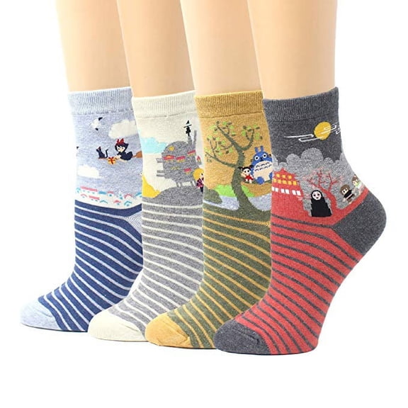 LIVEBEAR Women's 4/5 pack Cute Japanese Animation Large Print Funny Novelty Crew Socks Made In Korea