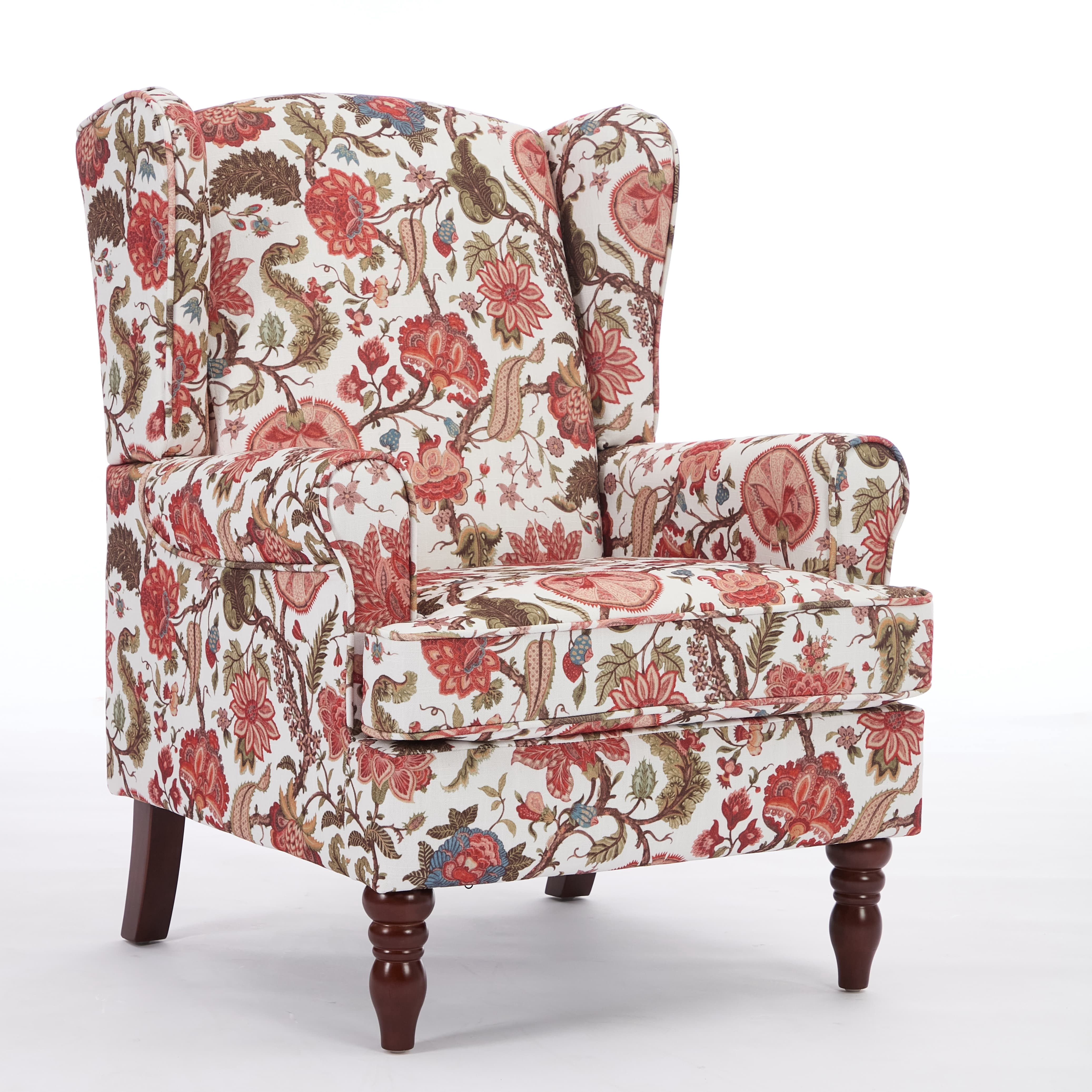 Aukfa Wingback Accent Chair,Upholstered Club Chair with Solid Wood Legs for Living Room, Bedroom & Office,Floral Red