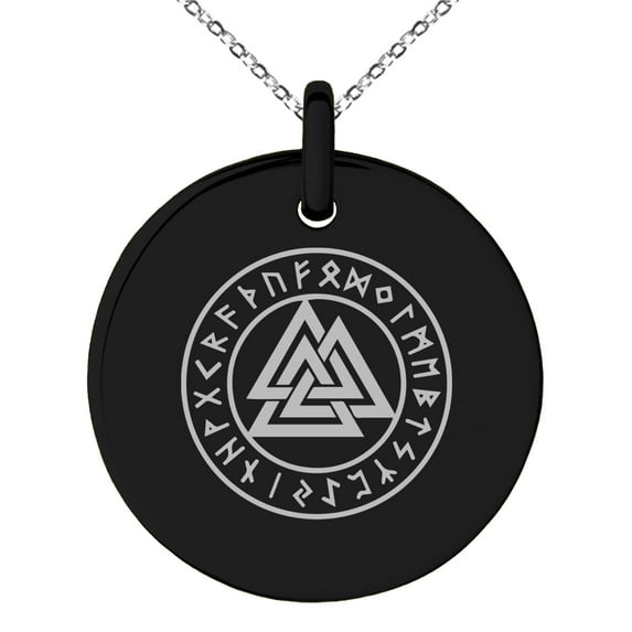 Stainless Steel Norse Valknut Knot Viking Engraved Small Medallion Circle Charm Pendant Necklace