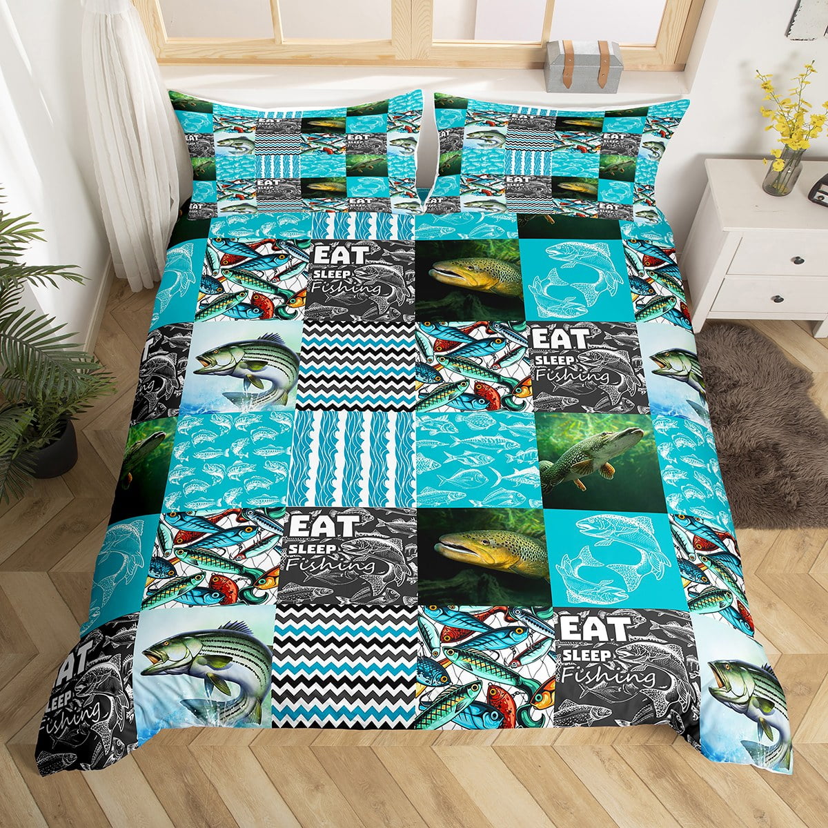 YST Big Bass Fish Bedding Set Queen Eat Sleep Fishing Bass Fish Comforter Cover For Boys Teen