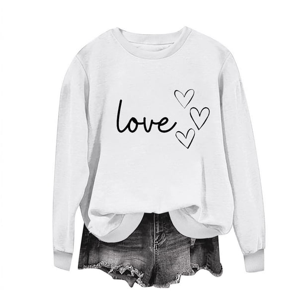 Sudadera Penkiiy Valentine para mujer: lindas camisetas del día de San Valentín Love Heart Graphic Print Suéter de manga larga Tops XS White