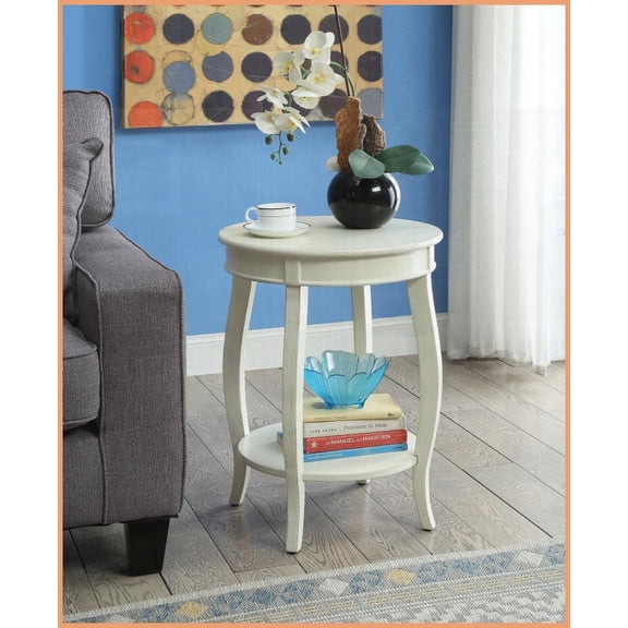 Antique White Round Leg Coffee Table with Open Bottom Shelf, Space-Saving for Living Room