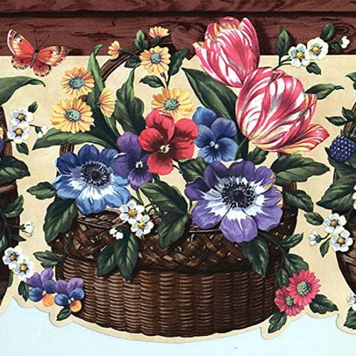 Concord Wallcoverings Wallpaper Border Garden Pattern Flowers Fruits Baskets Leaves Pear Apple Grape Berry for Kitchen Living Room, Yellow Blue Green Brown Purple, 8.75 Inches for 15 Feet 5810416