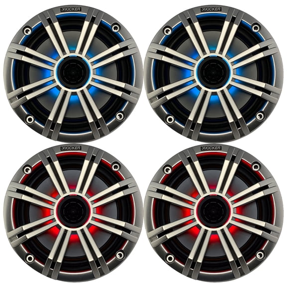 2 Pairs (QTY 4) of Kicker 8" OEM Marine Coaxial Silver Speakers with MultiColor LED Lighting (Bulk Packaging)