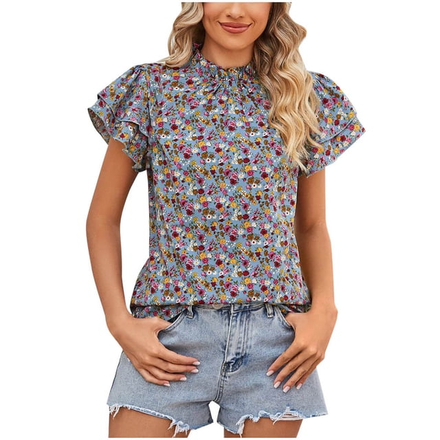Birdeem Blouse Mode Femme Manches Courtes Col en V Ample Manches Bouffantes Imprimé