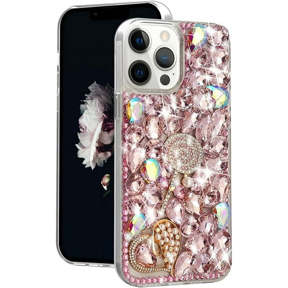 Compatible with iPhone 14 Pro Max Bling Diamond Case for Women and Girls Fashion Luxury Crystal Rhinestones Case 3D Glitter Shiny Sparkly Gemstone Case Cute Heart Pattern Pearl Cover, Pink