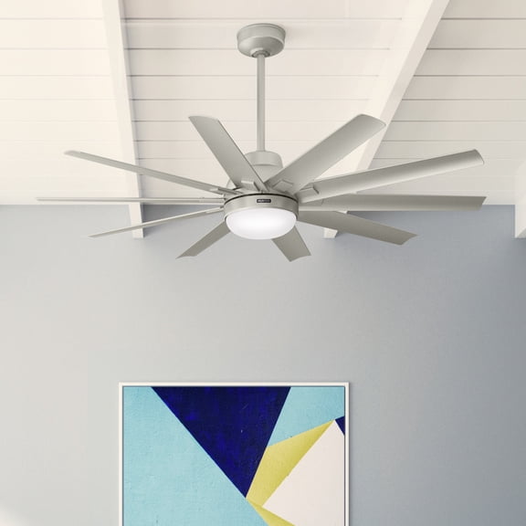 Hunter 60 inch Outdoor or Indoor Ceiling Fan with LED Light - Ceiling Fan with Wall Control, For Patio, Garage, or Porch, Quiet, Standard Mount, 10 Blades - Overton 50719, Matte Nickel