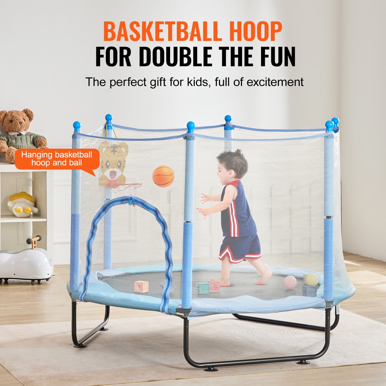 KFFKFF 60" Children's Trampoline, 5FT Trampoline for Indoor and Outdoor Use, Small Recreational Trampoline with Safety Net and Basketball Hoop, Ideal Birthday and Christmas Presents for Kids Aged 3
