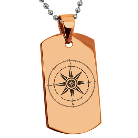 Stainless Steel Nautical Wind Compass Engraved Dog Tag Pendant Necklace