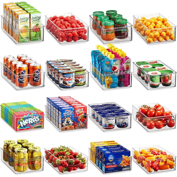 Set Of 16 Refrigerator Organizer Bins - Plastic Pantry Organization and Storage Baskets - Stackable Food Fridge Organizers with Cutout Handles for Freezer, Kitchen, Countertops, Cabinets
