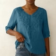 thumbnail image 6 of Womens Tops Cotton Linen Elbow Length Sleeve Tshirts for Women V Neck Pullover Solid Color Summer Fall Tees, 6 of 7