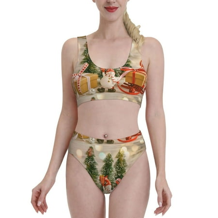 Bixox Holiday Christmas Stars Pattern Two-Piece Sports Bikini with U-Shaped Top and High-Waist Bottom - Women s Swimwear with Removable Bra Pads