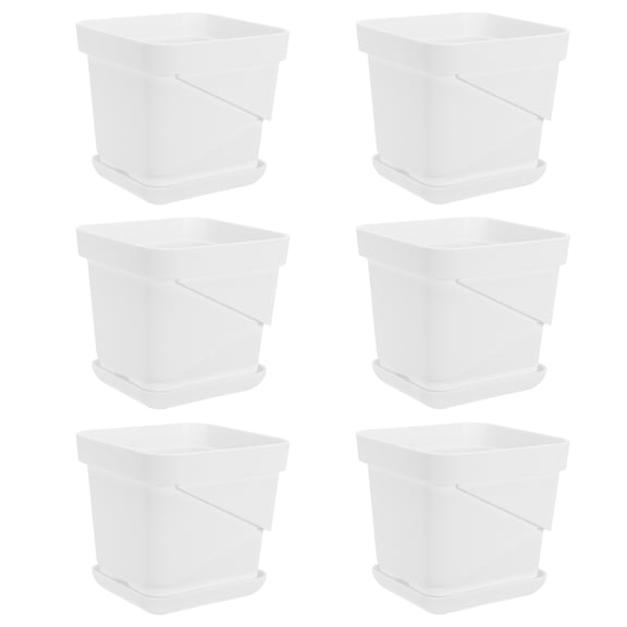 ELAYARD 6Pcs White Plastic Grow Pots Square Shape with Drainage System and Tray for Home Gardening