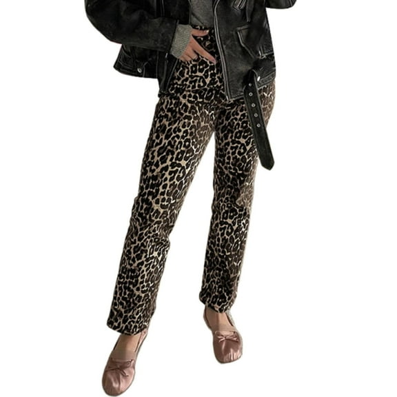 HCYSFG Cheetah Print Pants For Women Leopard Print Trousers High Waisted Straight Leg Ankle Length Relaxed Fit Bottoms