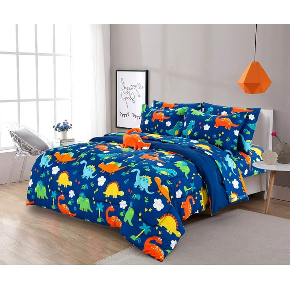 Sapphire Home 6 Piece Twin Kids Boys comforter Set Bed in Bag wShams, Sheet Set & Decorative Toy Pillow, Dinosaurs Print Blue green Boys Kids comforter Bedding Set wSheets, Twin Size 6pc Dinosaurs