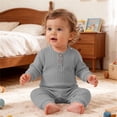 thumbnail image 3 of Agkizg Unisex Baby Ribbed Knit Romper, Long Sleeve Crew Neck Wooden Button Jumpsuit, Soft Stretchy Infant Fall Play Coverall, 3 of 6