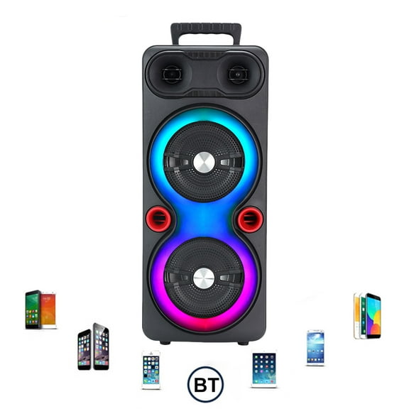Dual Subwoofer Speakers Bluetooth-Compatible 5.0 6.5 Inch Stereo Subwoofer Outdoor Portable Speaker with Mic FM Radio LED AUX Karaoke Machine RGB Party Sound Box 1800mAh