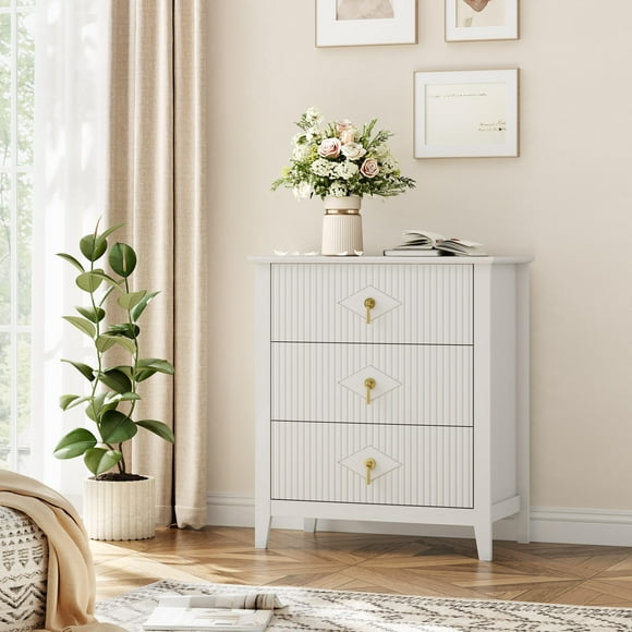 3 Drawer Dresser for Bedroom, 27.5"W Wooden Chest of Drawers with Metal Handles, Fluted Clothes Storage Organizer, Dresser Narrow Nightstand, White