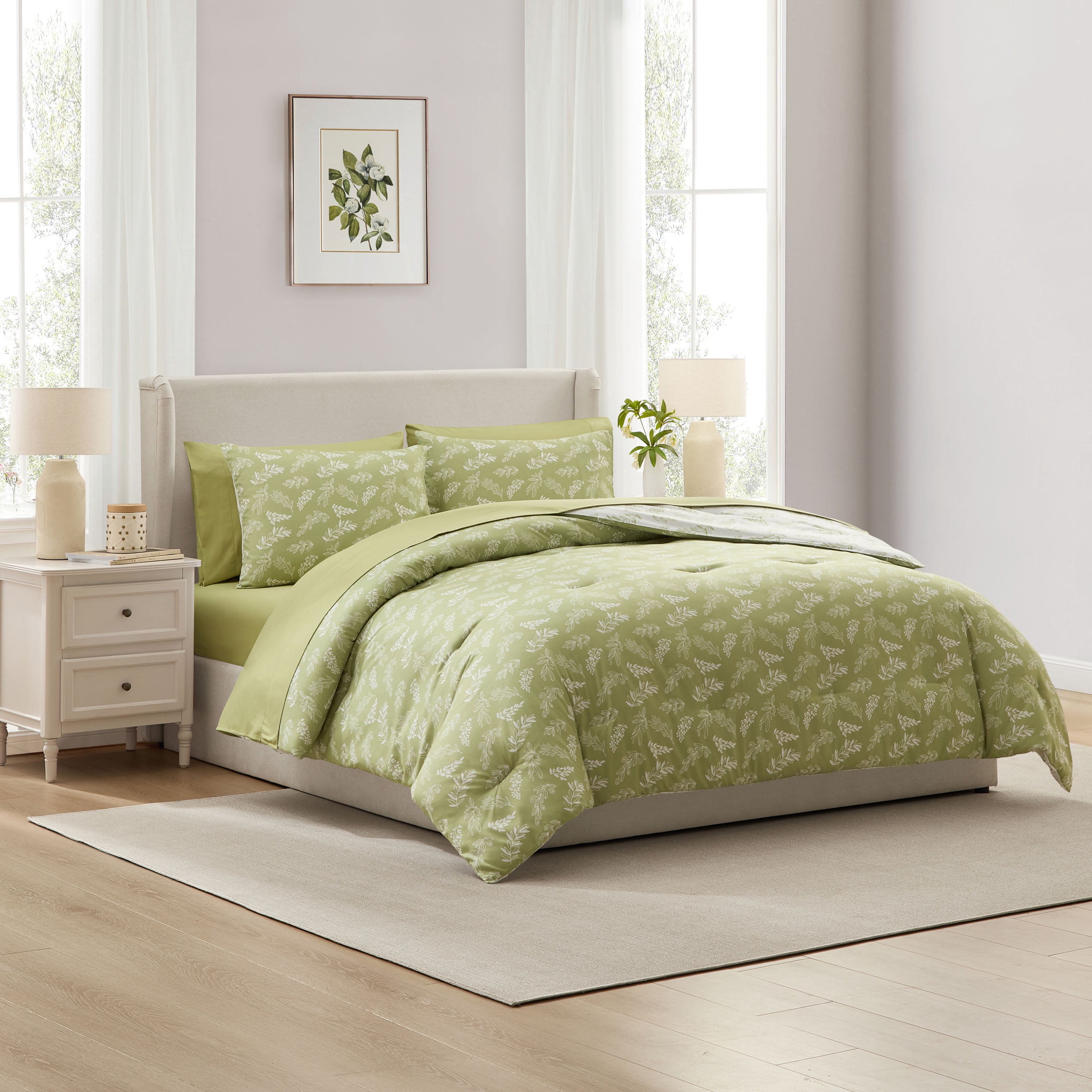 LammaLoe Queen Comforter Set, 7 Piece Botanical Bed in a Bag, Reversible Bedding Comforter Set with Sheets, Modern Queen Bed Set, Sage Green/Off White