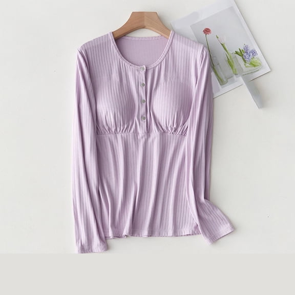 Women Nursing Pajamas Shirts Long Sleeve Maternity Tops Double Layer Breastfeeding Tees Round Neck Pregnancy Blouse Purple XXXL