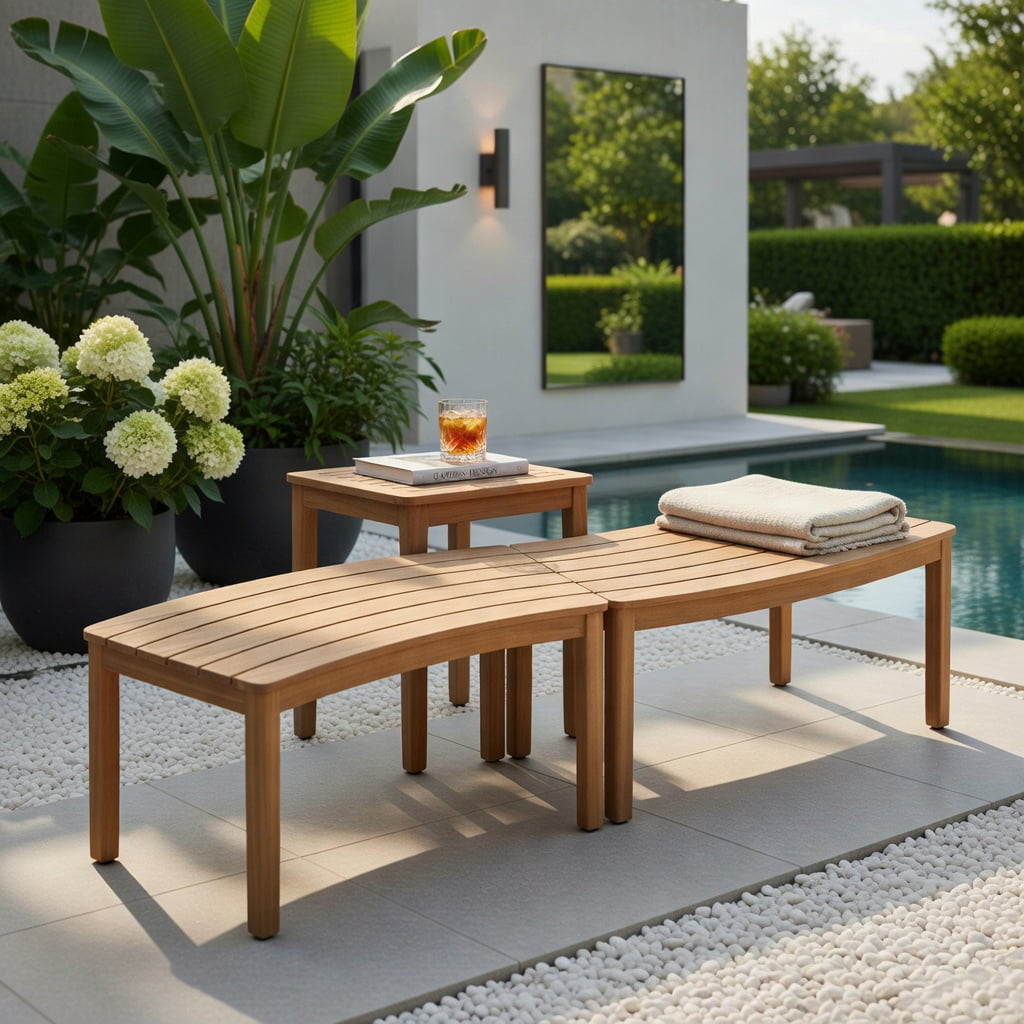 Hommoo Outdoor Acacia Wood Curved Bench Set of 2, Backless Patio Stools for Porch, Deck & Fire Pit Seating, Natural