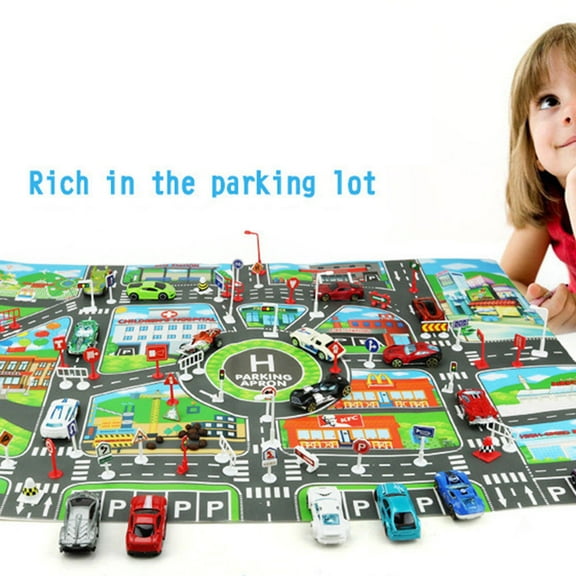 Interactive City Road Map Play Mat Educational Toy for Kids with Buildings and Parking Game
