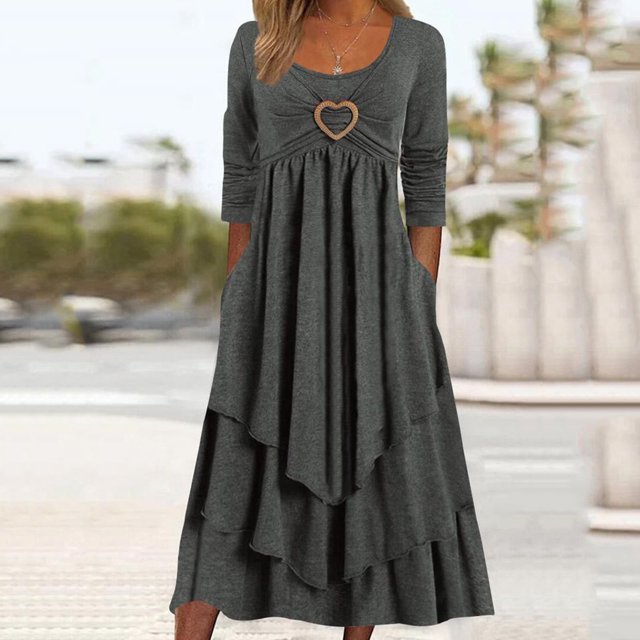 Robes Grande Taille Décontractées Manches Longues Col Rond Ample Fluide Froncée Maxi Robe Gris Foncé m