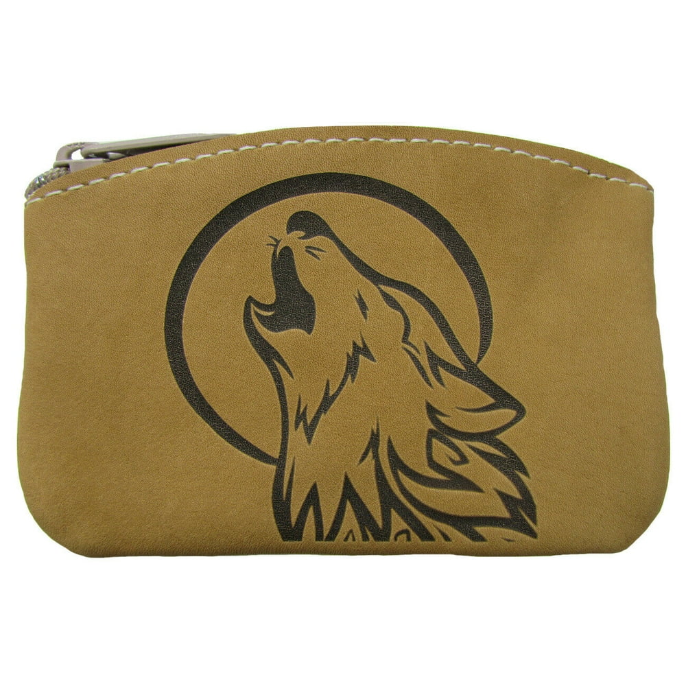 MTL Engraved Howling Wolf Leather Zippered Coin Pouch Change Purse