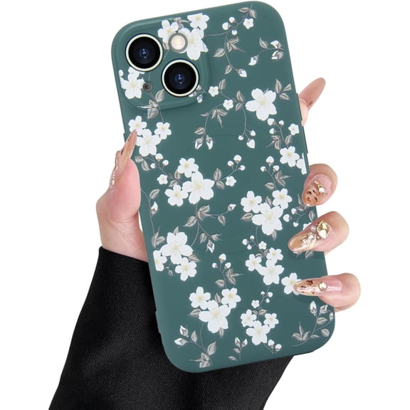 for iPhone 15 Plus Case Flower Liquid Silicone Cover with Floral Pattern Cute Phone Cover for Girls Women Slim Protective Case for iPhone 15 Plus 6.7 Inch, Green