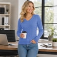 thumbnail image 5 of QUALFORT Women's 100% Cotton V-Neck Cable Knit Sweater, Lightweight Long Sleeve Pullover Sweater for Women, Blue L, 5 of 9