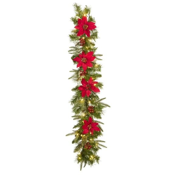 4 ft. Pre-Lit Feel Real® Artificial Christmas Garland, Green, Colonial , Red Poinsettia, Red Berries
