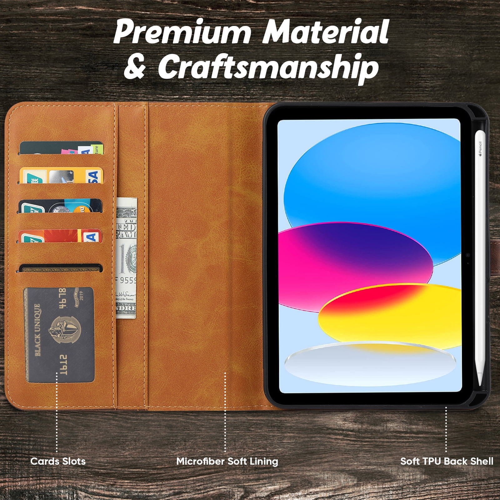 Flip Case for Apple iPad 11th 10th Generation 2025 2022 10.9", Pencil Holder Smart Cover Auto Sleep Wake Protective Documents Pocket Stand Snap Closure Case for iPad 11th 10th Gen 10.9 Inch, Coffee