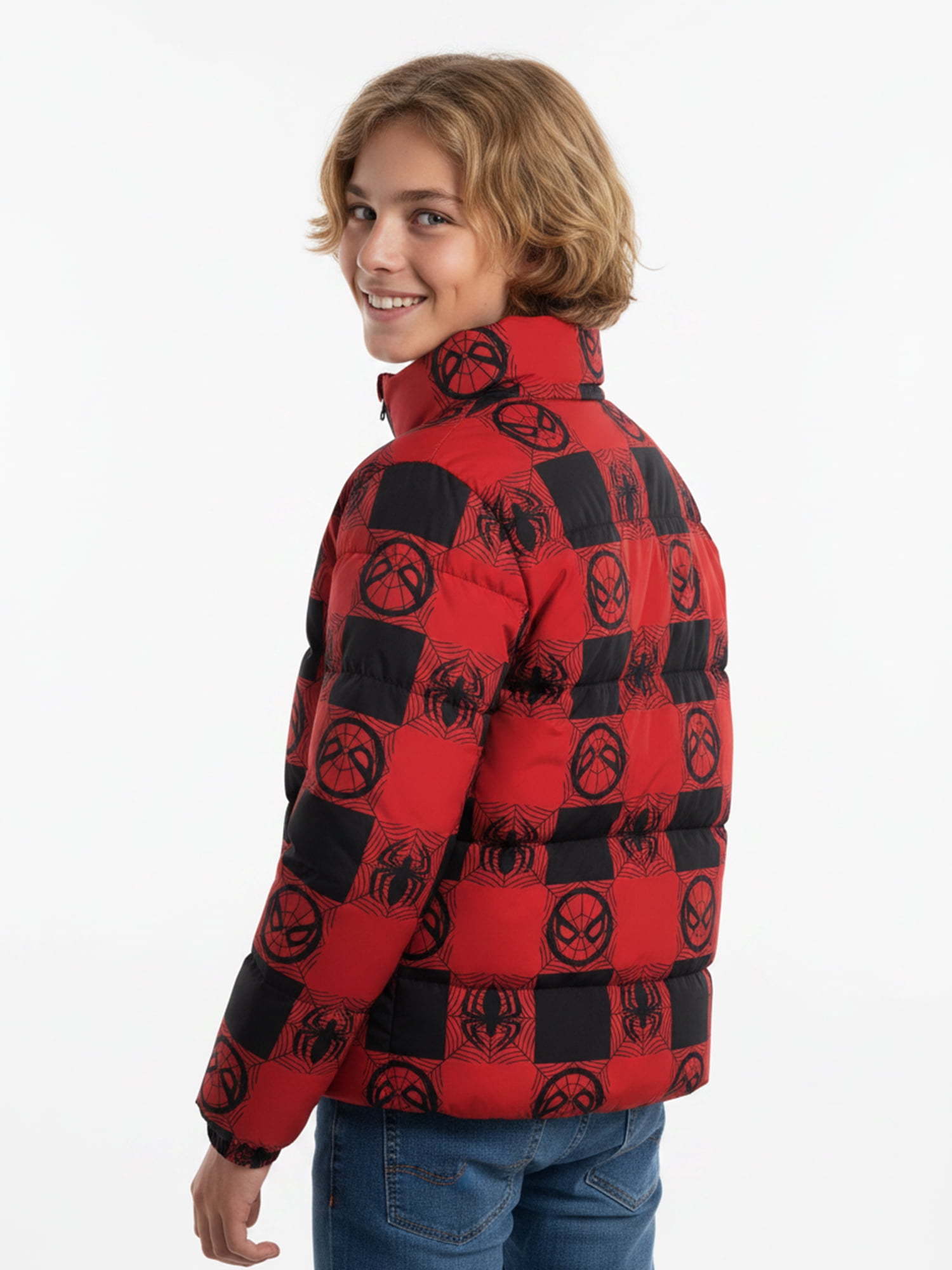 Boys’ Spider-Man Allover Logo Print Puffer Jacket, Red, Sizes XS–XL