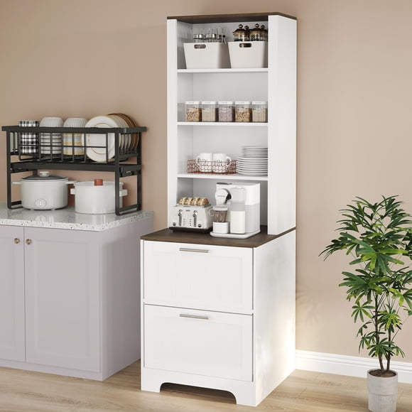 Modern Farmhouse Office Bookshelf - 72" Tall Wooden Bookcase with 2 File Drawers, Adjustable Shelves, Freestanding Storage Cabinet for Home, Living Room, Kitchen - Color: White