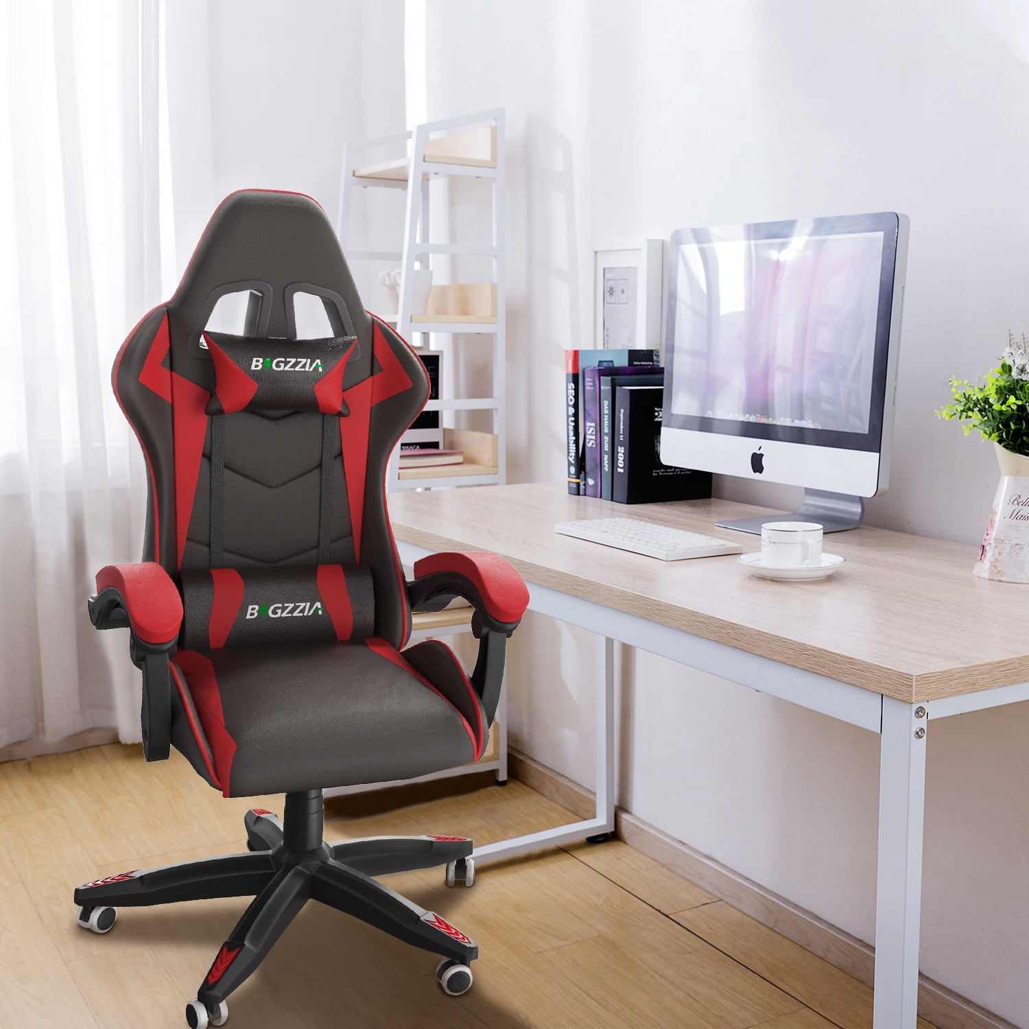 Bigzzia Gaming Chair with Adjustable Headrest & Lumbar Support, Height Adjustable, Red