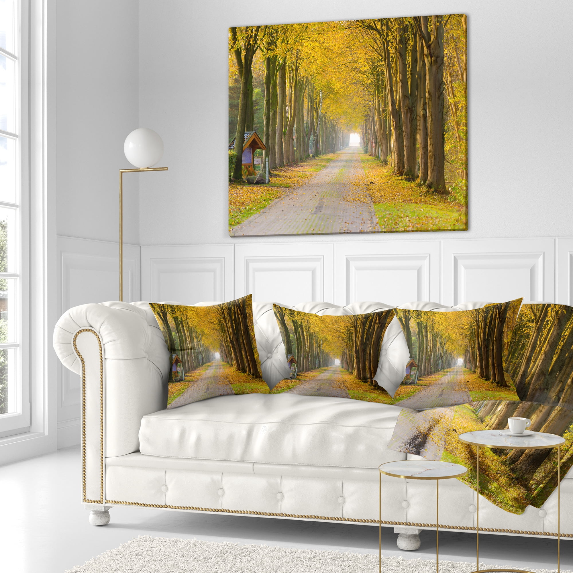 Designart Country Road Below Yellow Trees - Landscape Photography Throw Pillow - 18x18