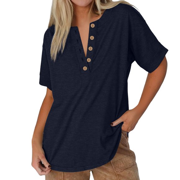 Baberdicy T-Shirts Décontractés à Col en V pour Femmes - Hauts à Manches Courtes de Couleur Unie (Coton Doux, Essentiel pour le Quotidien) Bleu Foncé TTG