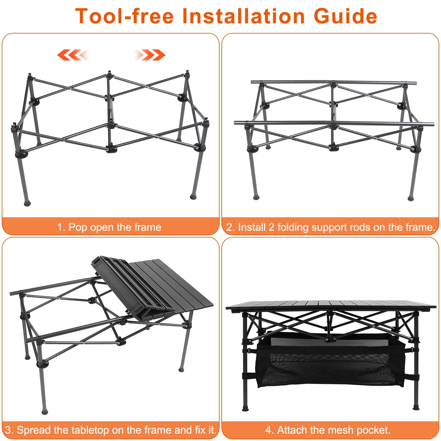 Roll-Up Camping Table Lightweight Aluminum Portable Table with Steel Frame Storage Basket 220lbs Capacity for Outdoor Dining BBQ