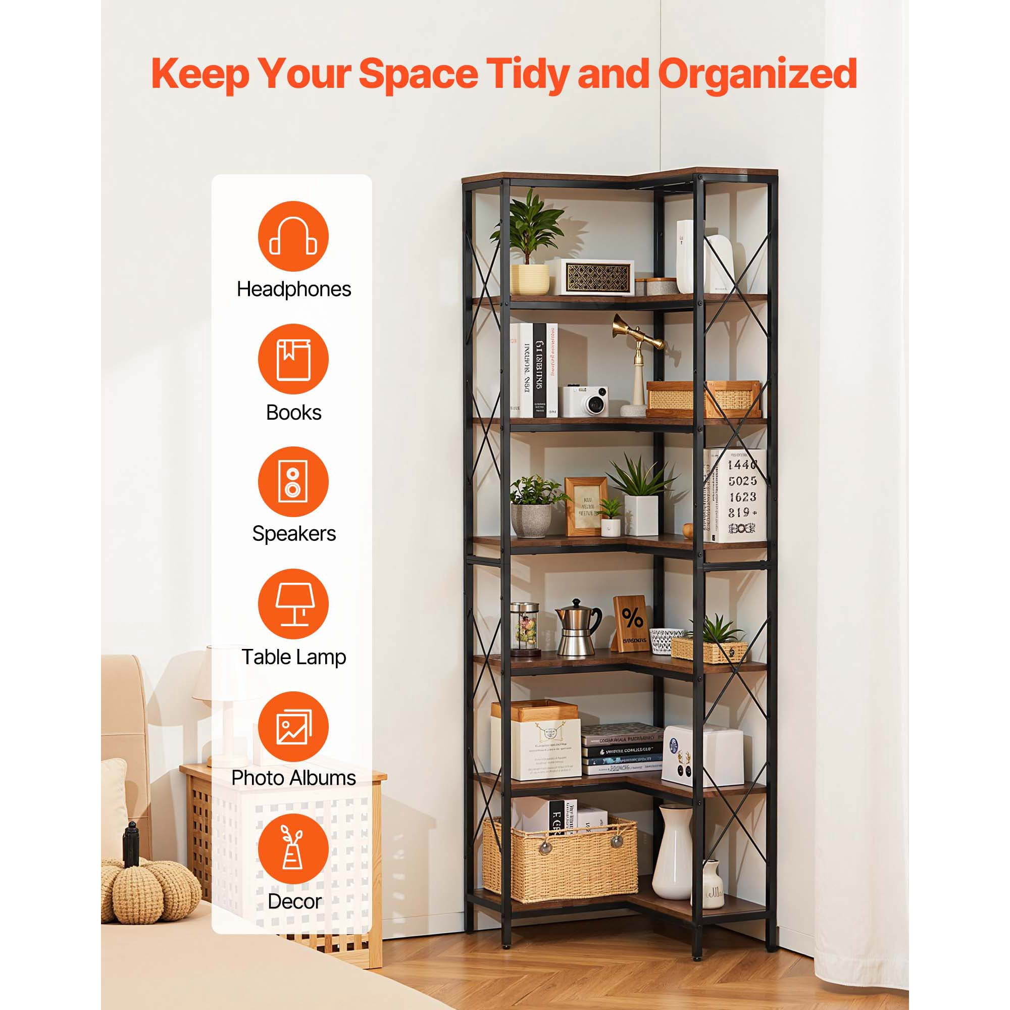 KFFKFF 7-Tier Corner Bookshelf, 79" Tall Bookcase with Sturdy Metal Frame & Wooden Shelves, Industrial Reversible L-Shaped Display Shelf for Bedroom, Living Room, Office