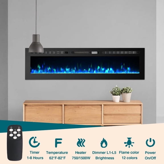 Electric Fireplace,60-Inch Wall-Mounted & Recessed Electric Fireplace Insert – 12 Flame Colors, Faux Log & Crystal Ember, 1500W Heater, Remote Control