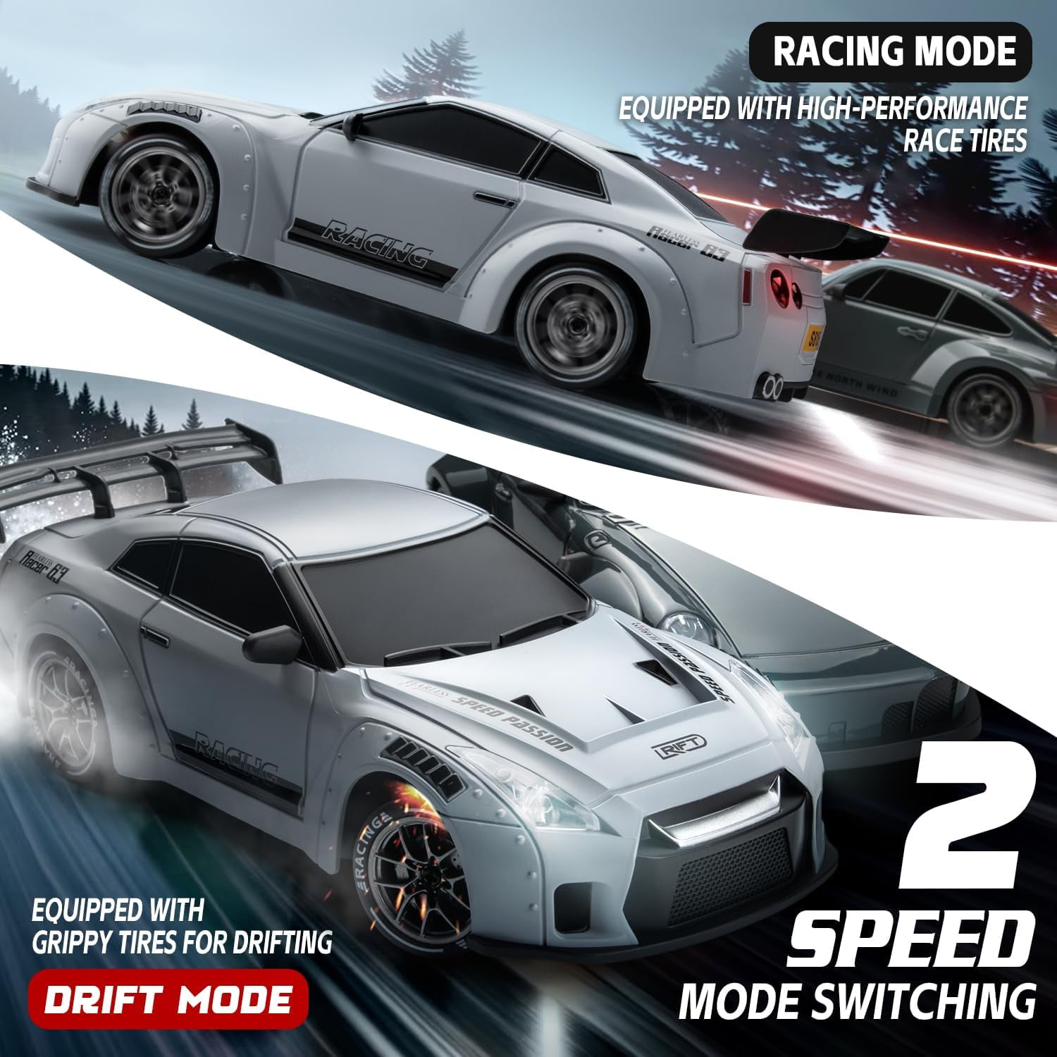 Track Seven RC Drift Car, 1:24 Scale Remote Control Vehicle with LED Lights, 2.4GHz 20KM/H 4WD High Speed RC Cars, Drifting Tires＆Two Batteries, Racing Sports Toy Idea Gift for Adults Boys Girls