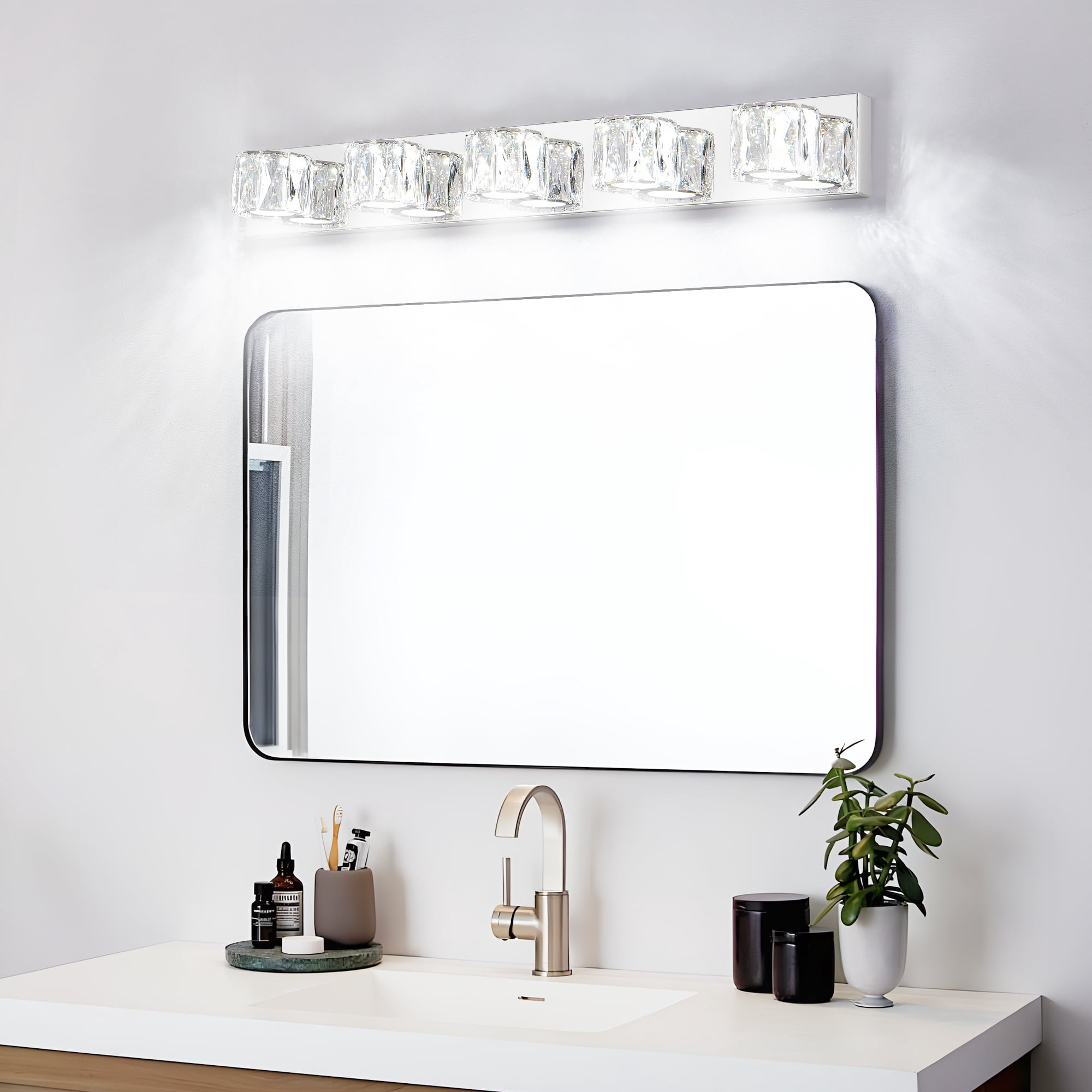 5 Lights Bathroom Crystal Modern Vanity Light 34.6in Vanity Lights for Bathroom - Dimmable LED Over Mirror Cool White Light Bath Light Fixtures Chrome