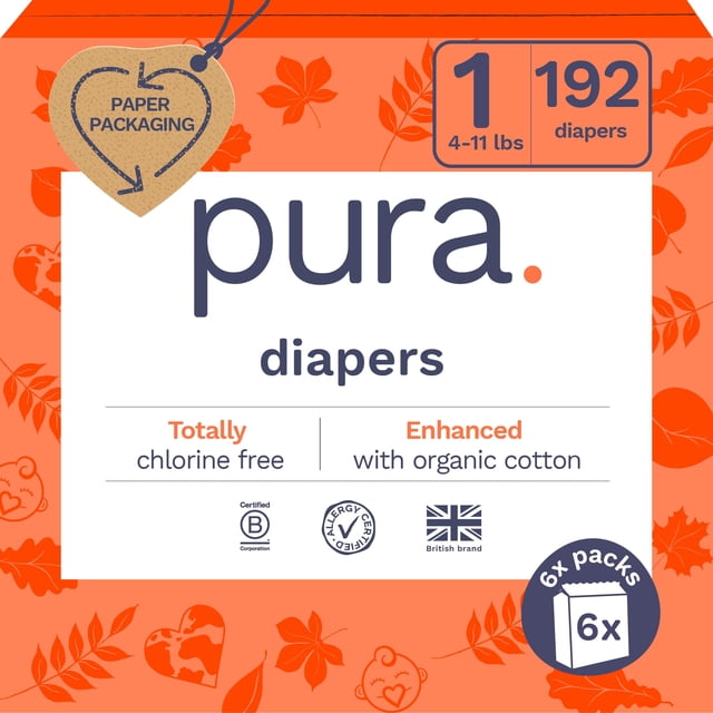 Pañales Pura tamaño 1, hipoalergénicos, ecológicos, de 4 a 11 libras x 192