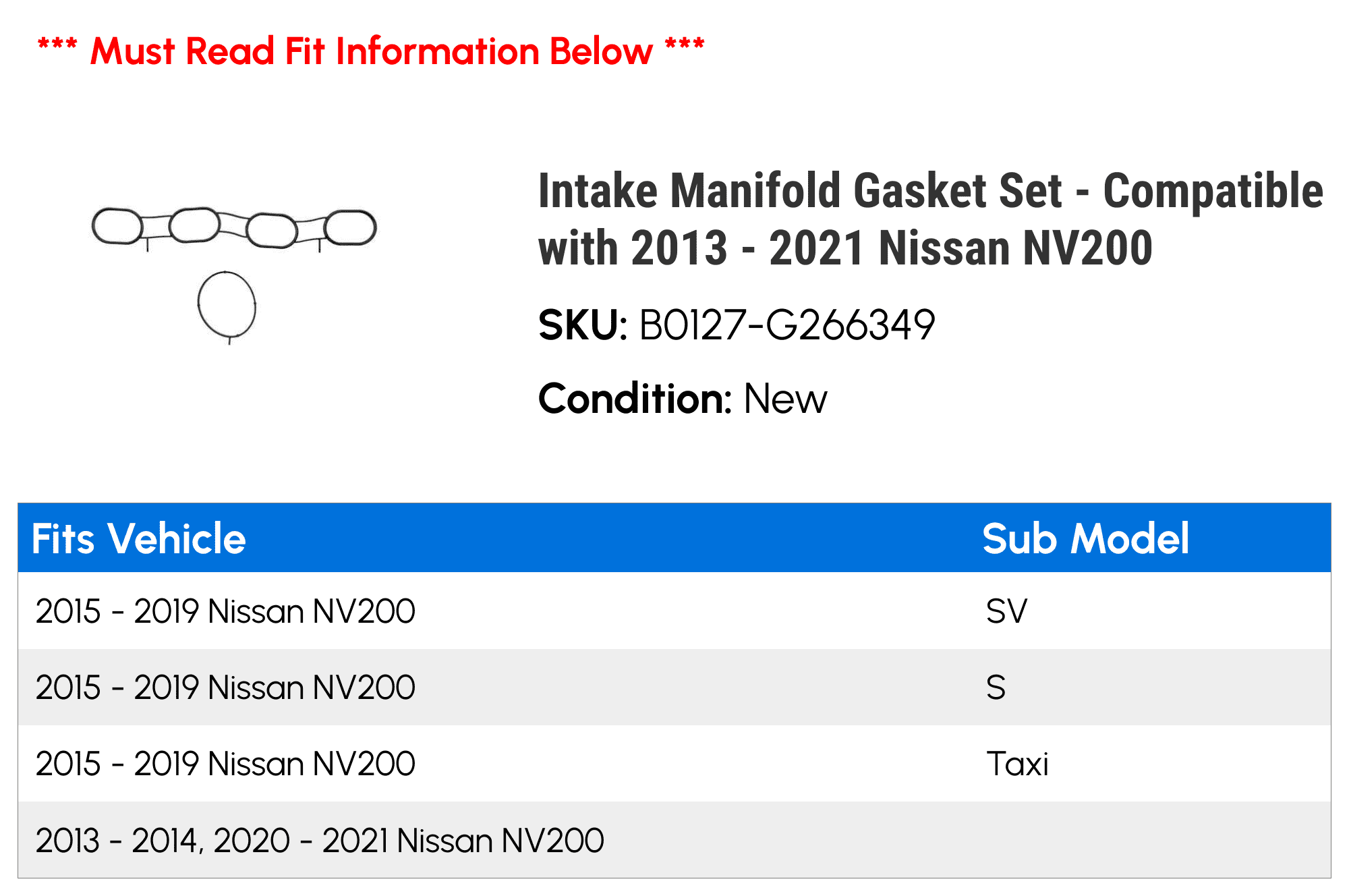 Intake Manifold Gasket Set - Compatible with 2013 - 2021 Nissan NV200 2014 2015 2016 2017 2018 2019 2020