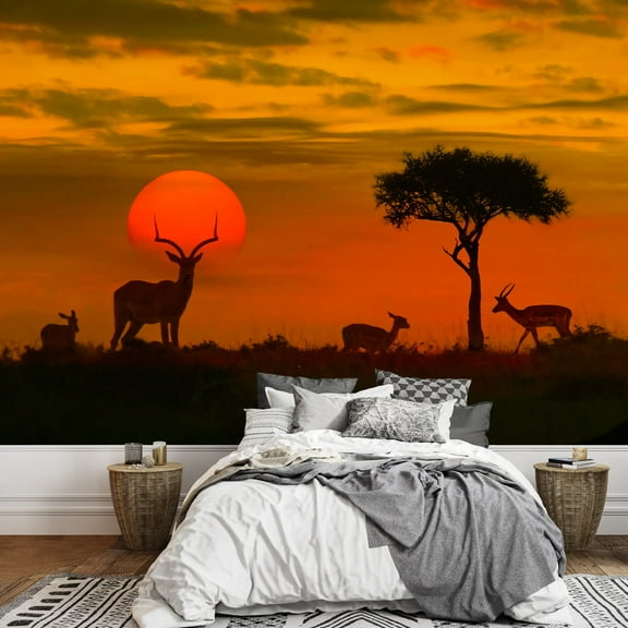 wall26 - African Sunset with Silhouette of The Animals - Removable Wall Mural | Self-Adhesive Large Wallpaper - 100x144 inches