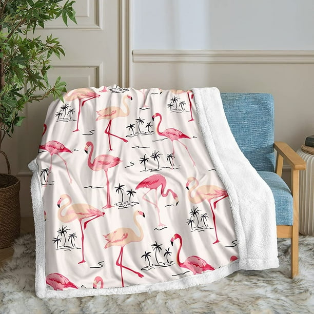 Pink Flamingo Throw Blanket Beige Palm Tree Blanket Pink Flamingos Printed Sherpa Fleece Blanket Soft Warm Birds Blanket for Bedroom Sofa King