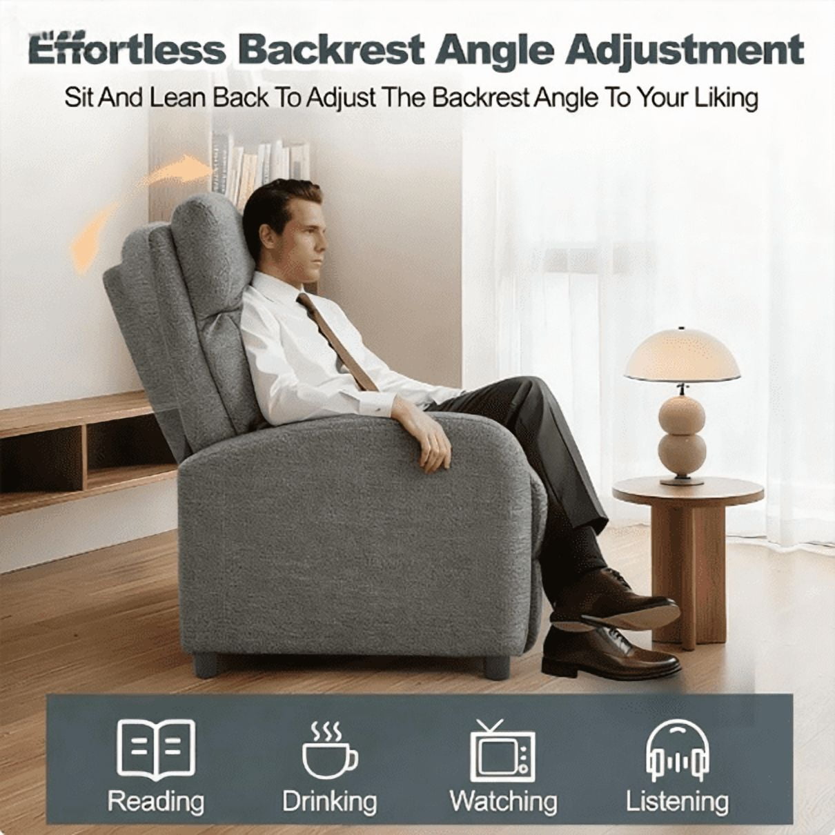 EDX Linen Recliner Chair, Small Recliner Sofa Chair with Padded Seat & Side Pocket, Modern Seating Furniture with Footrest & Backrest for Home, Theater, Living Room, Grey