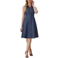 thumbnail image 2 of INSPIRE CHIC Chambray Dress for Women's Belt Button Down A-Line Midi Dress Dark Blue XS, 2 of 5