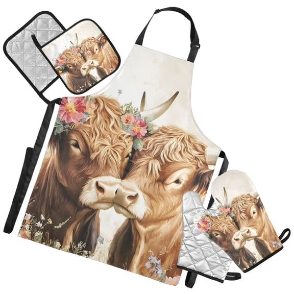 Ryvnso Highland Cows Kitchen Apron Oven Mitts Set Pot Holders
